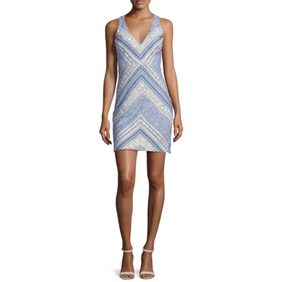 Amanda Uprichard Blue and Silver Geometric Pattern Metallic Thread Cutout Dress. - Picture 1 of 7